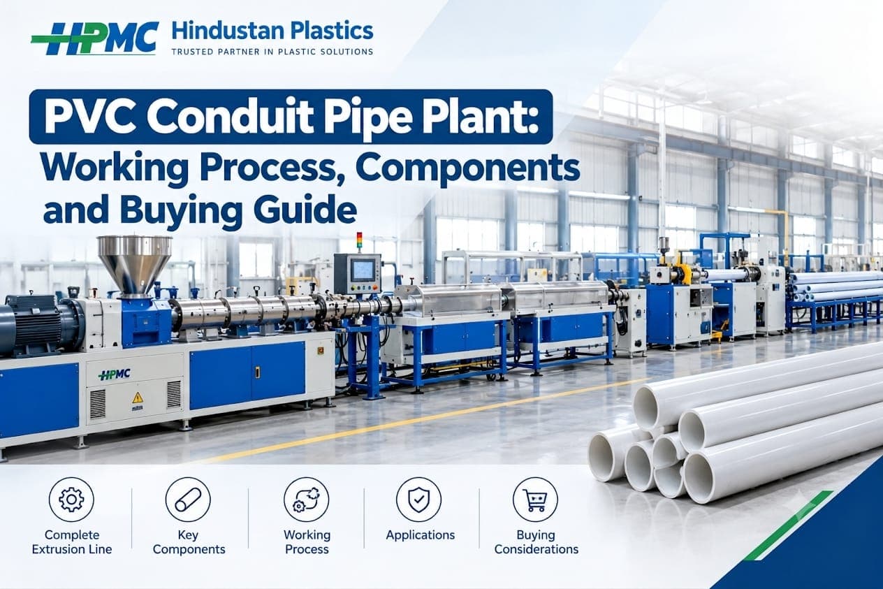PVC conduit pipe plant with extrusion, calibration, cooling, haul-off, and cutting equipment for electrical conduit pipe manufacturing.