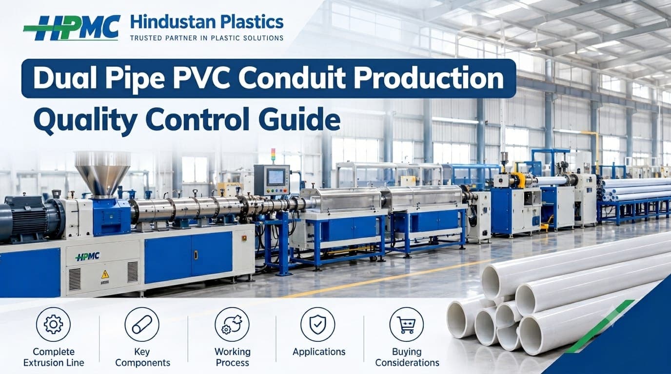 Quality inspection of two PVC conduit pipes on a dual-pipe extrusion line.