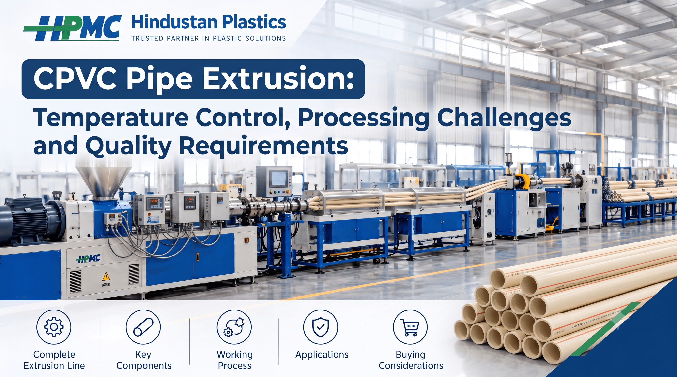 CPVC pipe extrusion line with conical twin screw extruder and pipe calibration equipment.