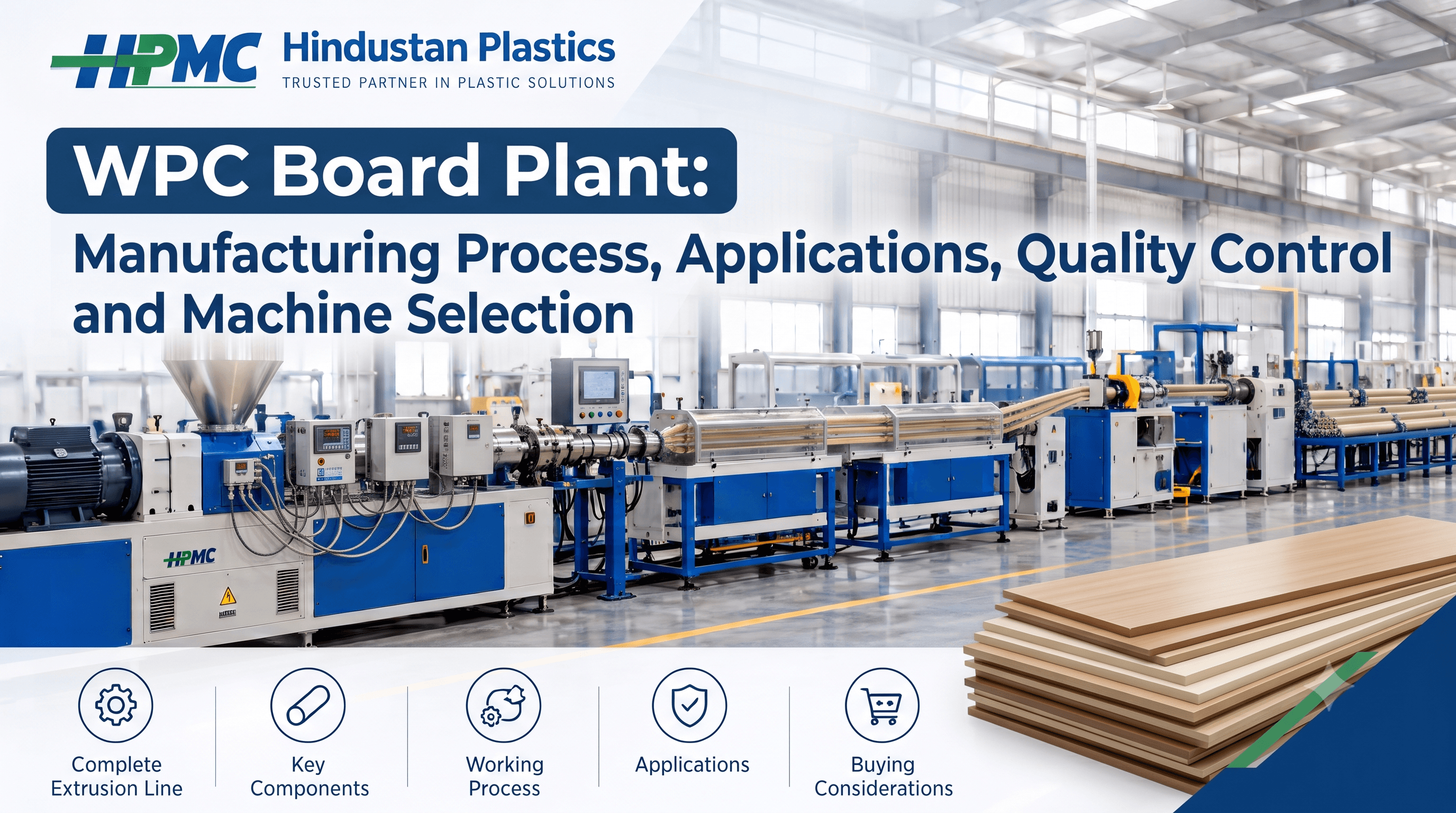 WPC Board Plant with extrusion, calibration, cooling and cutting equipment for WPC board manufacturing.