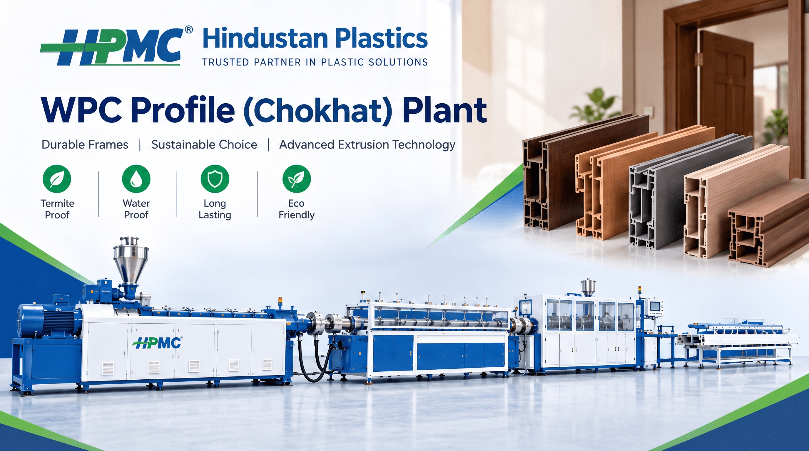 HPMC WPC Profile Chokhat Plant for manufacturing wood plastic composite door frames.