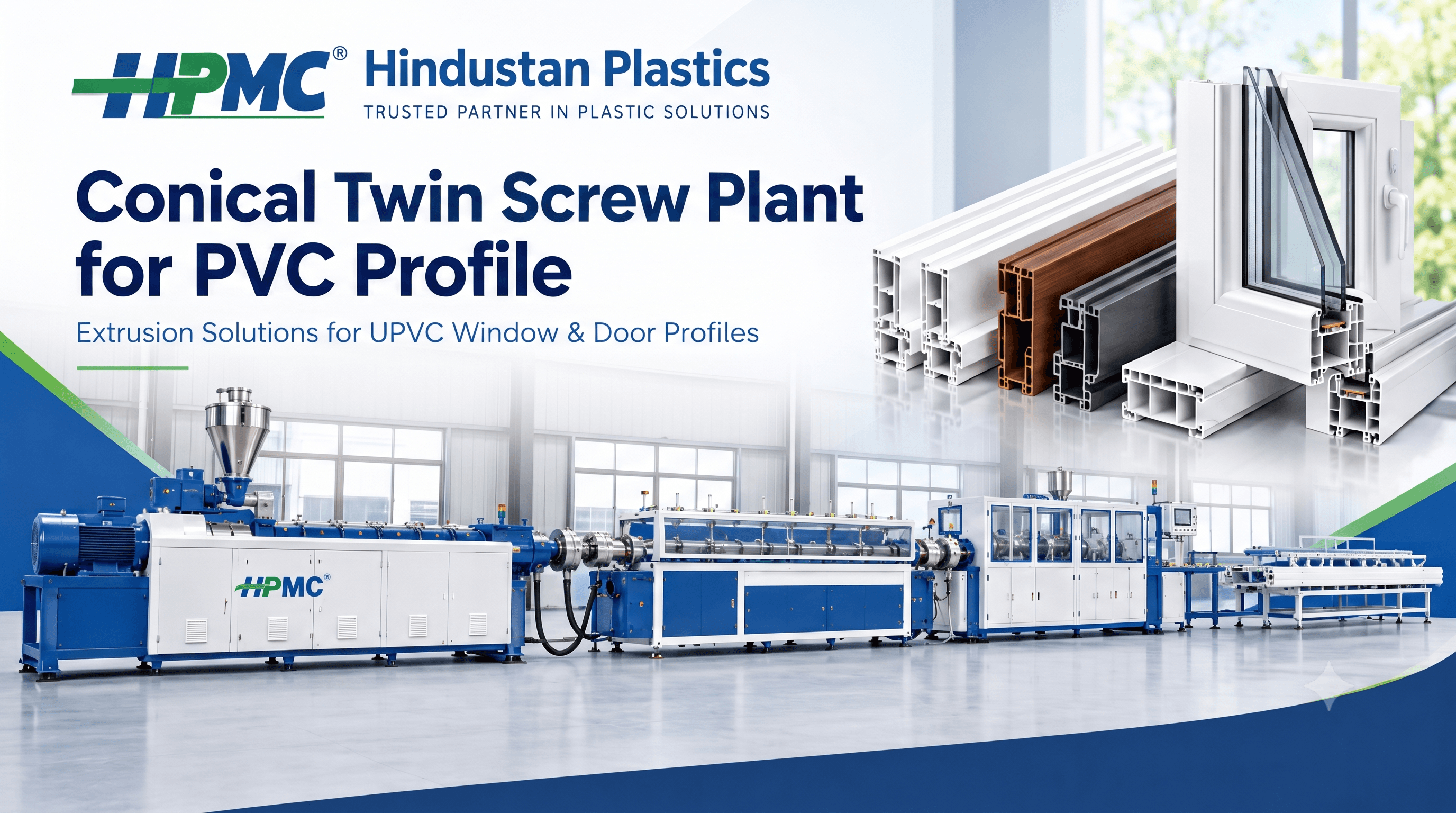 Conical twin screw plant for PVC profile extrusion with calibration, haul-off, and cutting equipment.