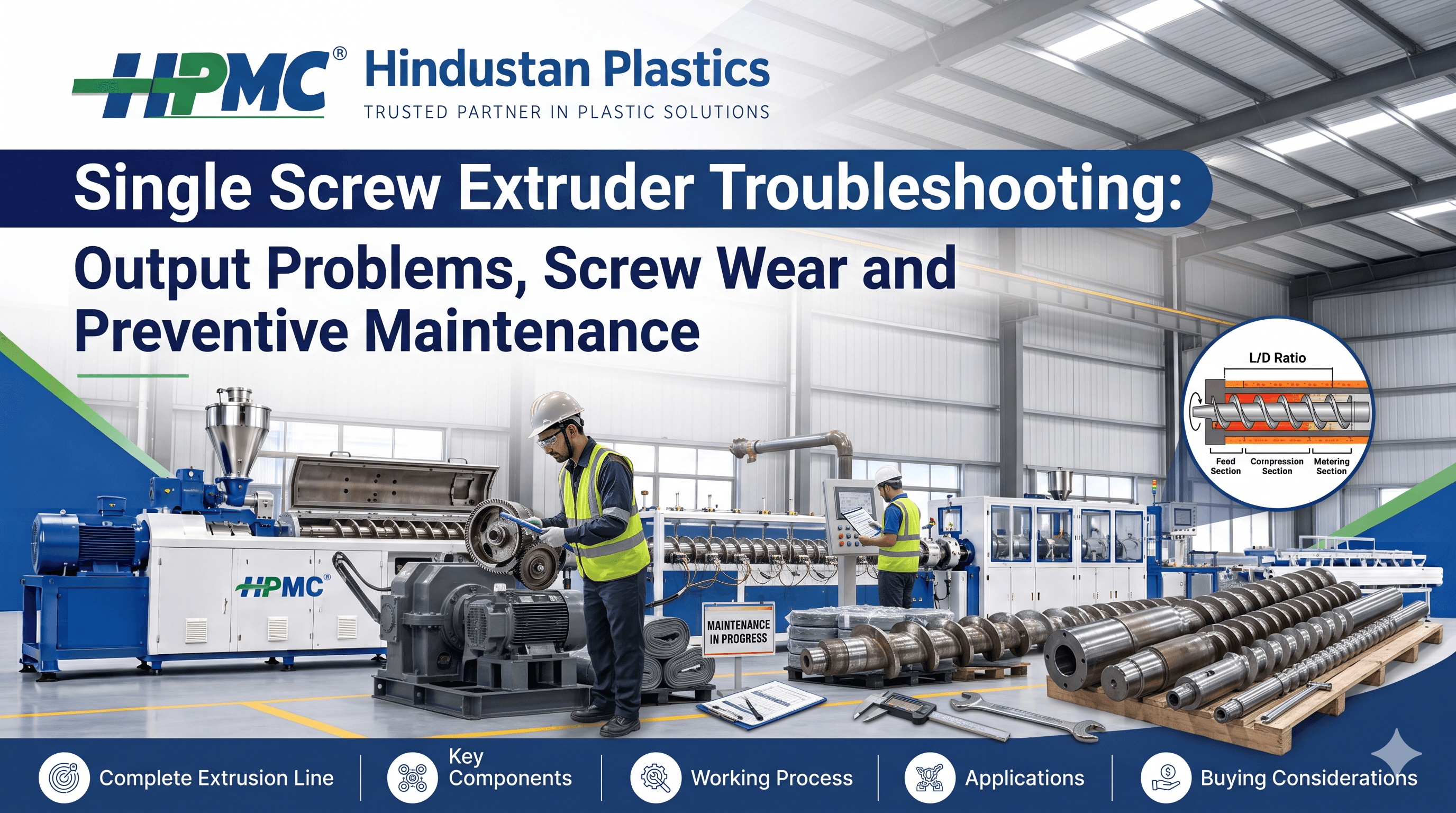 Technician inspecting a single screw extruder during preventive maintenance