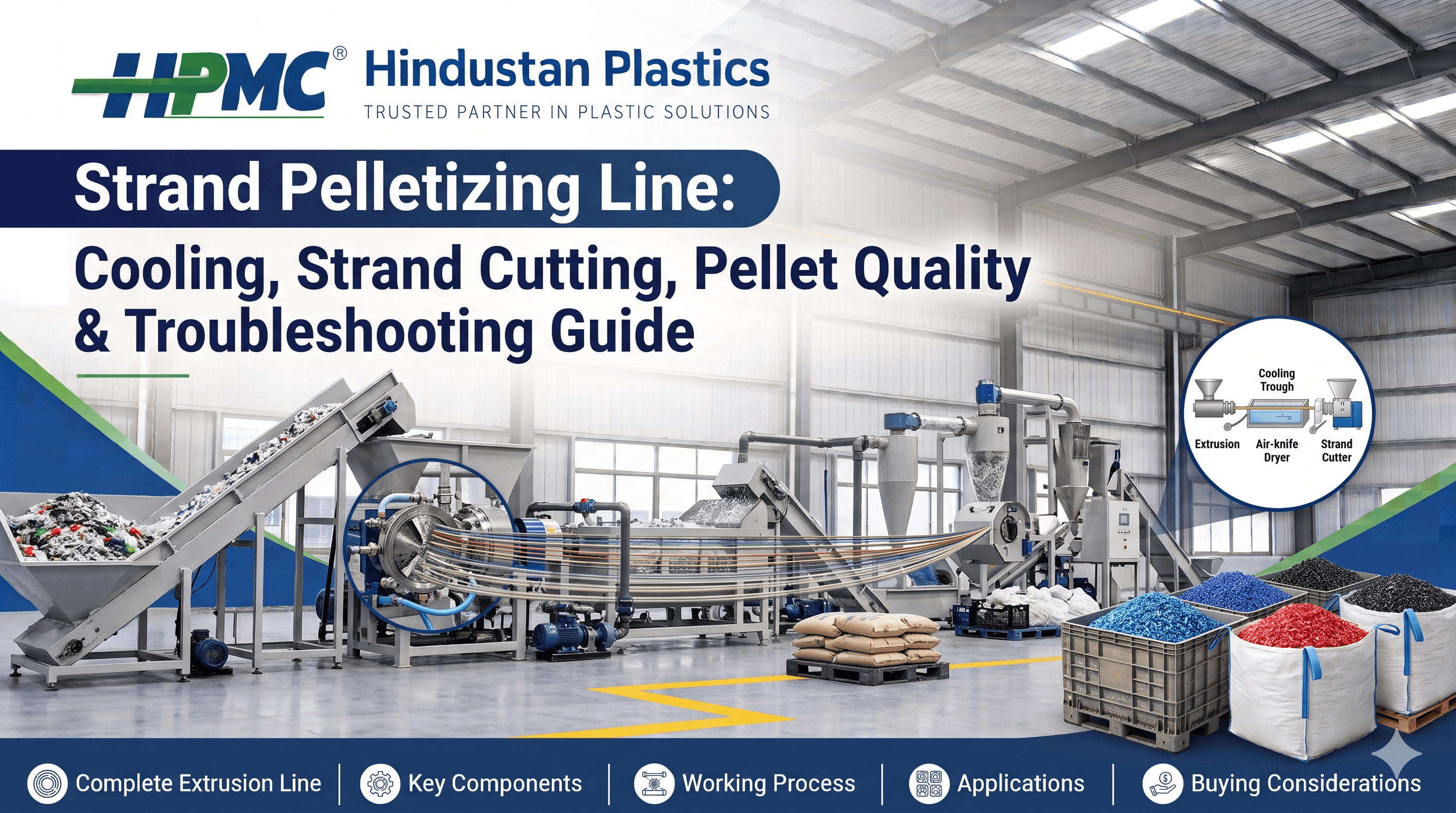 Strand pelletizing line with water-cooling trough, air-knife dryer and strand cutter for plastic compounding and recycling.